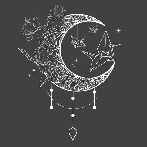 Aesthetic Heavenly Boho Crescent Moon Line Art. Esoteric crescent moon, flowers, stars, paper birds, line art. Vector line art of mystical celestial magic elements. Mystical Line Art, Moon Line Art, Magic Elements, Vector Line Art, Moon Flowers, Moon Vector, Celestial Magic, Star Banner, Line Art Vector