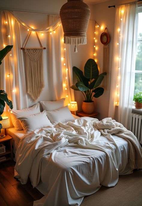 Boho Bedroom with Curtain Lights Bedrooms With String Lights, Curtains Behind Bed, Headboard Curtains, Floating Lights, Over The Bed, Sparkling Lights, Lighting Setups, Curtain Lights, Twinkle Lights