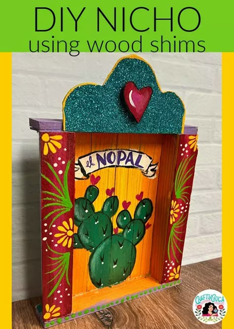 How to make a nicho from wood shims Diy Tie Dye Heart, Hispanic Heritage Crafts, Mexican Folk Art Decor, Shrine Art, Shrines Box, Pocket Shrine, Dia De Los Muertos Decorations Ideas, Shrines Art, Mexican Crafts