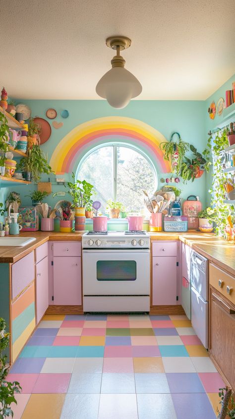 Boho kitchen with pastel colors, white tiles, colorful floor, plants, wooden cabinets, and a vibrant rainbow mural. Rainbow Tiles Kitchen, Small Backsplash Ideas, Indie Aesthetic Decor, Colorful Pastel Apartment, Pioneer Woman Dining Room, Colorful Aesthetic Kitchen, Floral Cabinets Kitchen, Utilizing Space In A Small House, Modern Colorful Kitchen Design