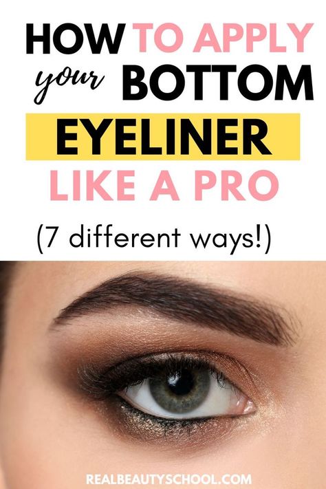 woman wearing bottom eyeliner How To Apply Eyeliner To Bottom Lid, How To Apply Under Eye Eyeliner, Eyeshadow As Eyeliner How To Apply, Bottom Eyeliner Looks, Under Eyeliner Looks, Eyeliner Under The Eye, How To Do Eyeliner For Beginners, How To Put On Eyeliner, Waterline Eyeliner Looks