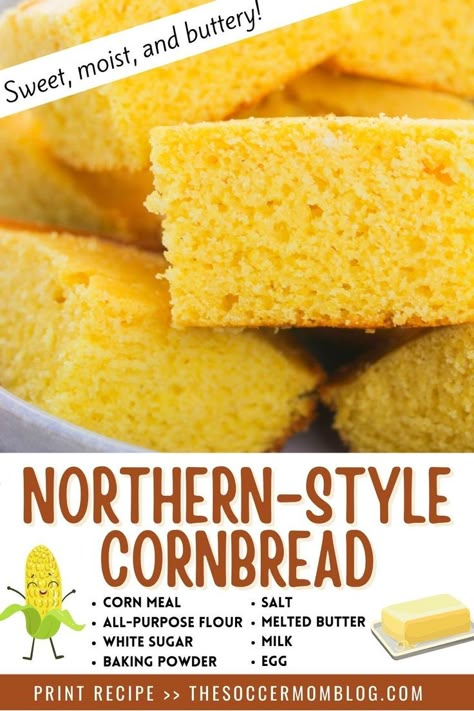 Northern Cornbread Recipe, Cornbread Sweet, Southern Cornbread Recipe, Southern Style Cornbread, Cornbread Cake, Cornbread With Corn, Cornbread Recipe Sweet, Buttermilk Cornbread, Fluffy Scrambled Eggs