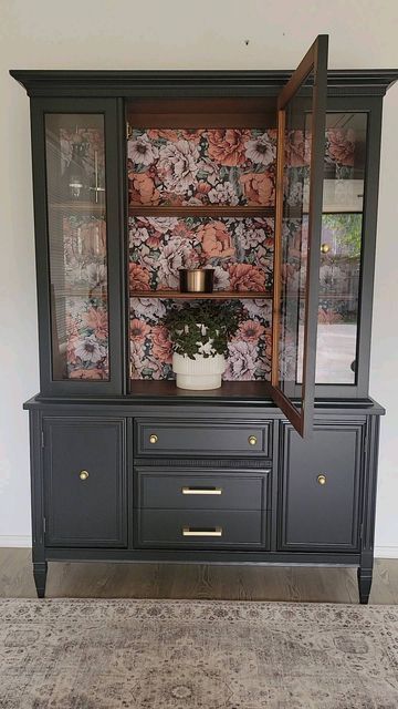 Moody China Cabinet, China Cabinet Liquor Cabinet, China Cabinet Refurbished, Refurbish China Cabinet, Repurposed China Cabinet Top, Wallpaper In Hutch, Vintage Furniture Restoration, Hutch Cabinet Makeover, Moody Furniture Makeover