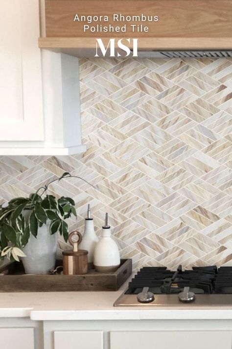 Angora Rhombus Tile, Subtle Pattern Backsplash, Wood Grain Backsplash, White Kitchen Cabinets With Tan Backsplash, Champagne Backsplash Kitchen, White Grey Brown Backsplash, Kitchen Backsplash With Tan Cabinets, Cream Backsplash White Cabinets, High End Kitchen Backsplash