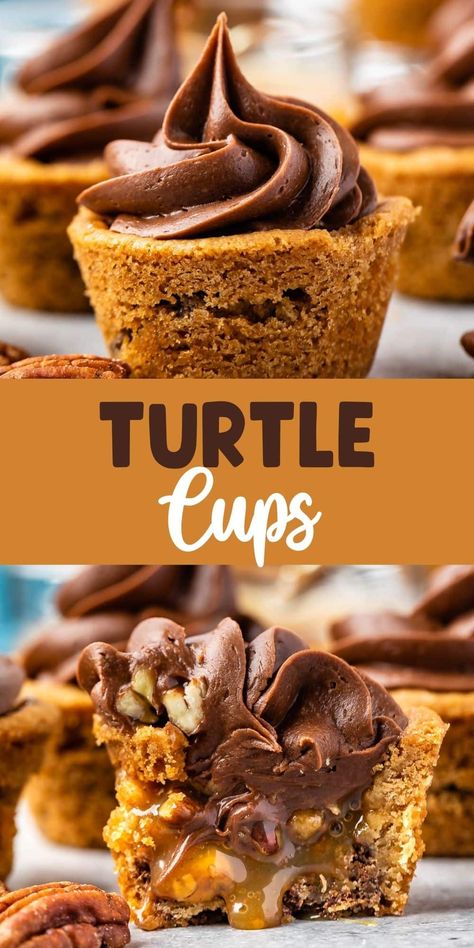 Easy Turtle Cups are a semi homemade cookie cup recipe with chocolate chip cookie dough filled with caramel and chocolate frosting! This easy cookie recipe is loved by all. Semi Homemade Desserts, Cookie Dough Filling, Easy Cookie Recipe, Cookie Cups Recipe, Homemade Cookie, Turtle Cookies, Homemade Caramel Sauce, Semi Homemade, Bite Size Desserts