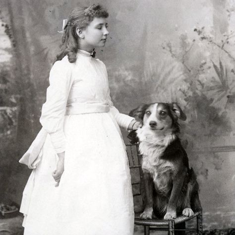 A young Helen Keller standing next to a dog seated in a chair. Small Black Dog, Hellen Keller, Boston Bull Terrier, Helen Keller Quotes, Anne Sullivan, The Miracle Worker, School Costume, Childhood Pictures, Dog Seat