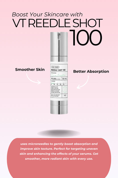 Say hello to smooth, youthful skin with the VT Reedle Shot 100! Designed for all skin types, this innovative Korean skincare serum mimics the effects of microneedling, allowing for better absorption of active ingredients. Perfect for reducing the appearance of acne scars, dark spots, and fine lines. 

Get glowing skin with the power of microneedling in your daily routine. Korean Skincare Serum, Get Glowing Skin, Skincare Serum, Korean Skincare Routine, Skin Care Serum, Improve Skin Texture, Smoother Skin, Skincare Tips, Youthful Skin