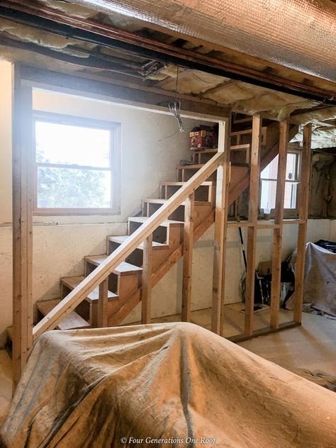 Farmhouse Basement Stairs, Opening Up Basement Stairwell, Finish Basement Stairs, Basement Stairs Wall Ideas, Basement Staircase Makeover, Basement Stairs Makeover, Open Staircase To Basement, Basement Stairway Ideas, Under Basement Stairs