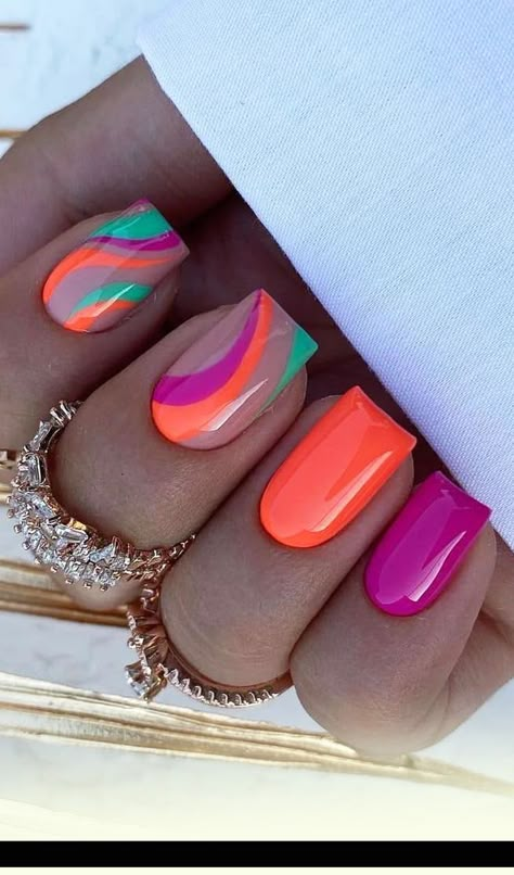 "Summer Nails" Get summer-ready with stunning nail designs that embody the spirit of the season. From vibrant colors to playful patterns, summer nails are all about fun and creativity. Express your style and make a statement with dazzling designs that capture the essence of summer and showcase your unique personality. See more ideas check out here! #summernails #summernail #nailart Out There Nails, Bright Nails With Design, Summer Holiday Nail Designs, Bold Spring Nails, Uñas Summer, Nail Designs Bright Colors, Summer Festival Nails, Bright Summer Nails 2024, Bright Nails Designs