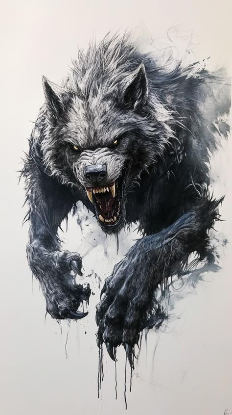 Scary Wolf Tattoo Design, Werewolf Back Tattoo, Werewolf Hand Tattoo, Shadow Wolf Tattoo, Wolf Head Tattoo Stencil, Tattoo Ideas For Men Wolf, Wolf Warrior Tattoo, Hyena Aesthetics, Snarling Wolf Tattoo