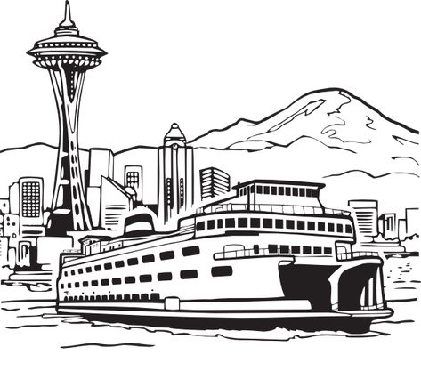 . Seattle Ferry, Seattle Space Needle, Space Needle Seattle, Art Pinterest, Sign Image, Ferry Boat, Photoshop Backgrounds, Vector Drawing, Black And White Illustration