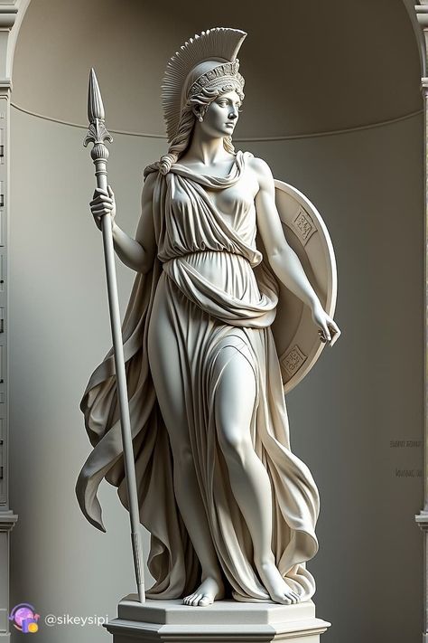 This statue of Athena in elegantly draped robes showcases her as the embodiment of elegance and divinity. Her pose radiates calm and confidence, emphasizing her role as the goddess of wisdom. #Athena #DrapedRobes #Elegance #Divinity #GreekMythology Female Warrior Statue, Athena Statue Aesthetic, Athena Greek Goddess Art, Athena Drawing Greek Mythology, Athena Spear, Athena Statue Tattoo, Athena Aesthetic Goddess, Athena Goddess Aesthetic, Greek Statues Women