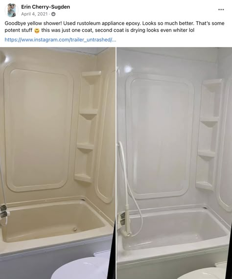 How to Fix a Yellow Camper Shower | RV Inspiration Appliance Epoxy, Paint Rv, Rv Inspiration, Camper Bathroom, Shower Remodel Diy, Sink Repair, Shower Renovation, Rv Bathroom, Tv In Bathroom