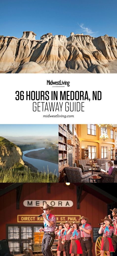 The rugged North Dakota badlands complement the laid-back charm of tiny Medora for a getaway that promises awe-inspiring views, comfortable accommodations, cowboy eats and even a musical revue. Medora Nd, North Dakota Badlands, Medora North Dakota, North Dakota Travel, Montana Trip, Midwest Vacations, South Dakota Vacation, Roosevelt National Park, South Dakota Travel