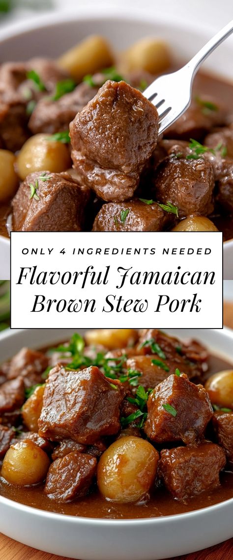 Image for Flavorful Jamaican Brown Stew Pork Pork Over Rice Recipes, Brown Stew Pork Jamaican, Jamaican Pork Chops, Brazilian Pork Recipes, Easy Caribbean Dinner Recipes, Stew Pork Recipes Jamaican, Stew Pork Recipes, Jamaican Sunday Dinner Ideas, Jamaican Beef Stew Recipe