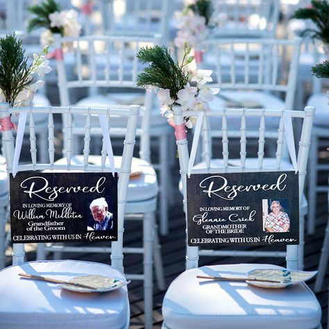 Memorial Reserved Chair, Reserved Memorial Wedding Signs, Memorial Ideas At Wedding, Passed Loved Ones Wedding Seat, Wedding Memorial Chair Ideas, Reserved Memorial Chair At Wedding, Wedding Signs For Loved Ones Who Passed, Reserved Memorial Seat, Seats For Passed Loved Ones Wedding