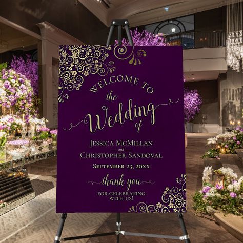 $43.20 | Elegant Gold Lace on Plum Purple Wedding Welcome #wedding welcome sign, thank you for celebrating, names of couple and date, stylish classy and sophisticated, decorative fancy corners, elegant script calligraphy, ornate filigree, gold floral curls and swirls, golden faux foil lace frills, deep plum purple background Purple And Gold Wedding Theme, Dark Purple Wedding Theme, Plum Wedding Decorations, Purple Indian Wedding, Plum Decor, Plum Purple Wedding, Brides Hairstyles, Plum Wedding Invitations, Asia Wedding