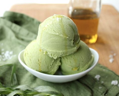 Tarragon Olive Oil Ice Cream Tarragon Ice Cream, No Churn Green Tea Ice Cream, Pistachio Ice Cream Photography, Tarragon Plant, Avocado Pistachio Ice Cream, Matcha Ice Cream Recipe, Olive Oil Ice Cream, Vegan Mint Chocolate Chip Ice Cream, Strange Food