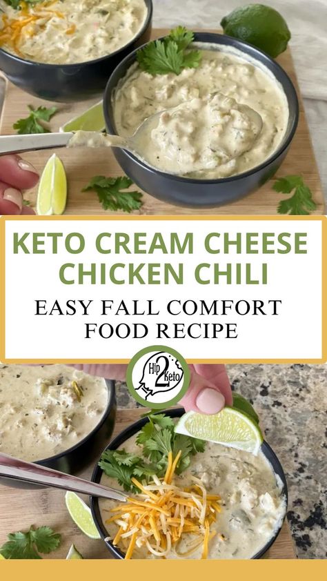 Keto Cream Cheese Chicken Chili is an easy fall recipe. This rich, creamy keto cream cheese chicken chili is exactly what you need this winter to warm your bones! Chili is one of my favorite meals. Especially during the colder months of the year. There are so many different chili recipes out there, it’s impossible for me to pick a favorite. I gravitate towards beanless chili recipes to keep things as low carb and keto as possible. #keto Keto Cream Cheese Chicken, Keto Cream Cheese Recipes, Different Chili Recipe, Beanless Chili Recipe, Beanless Chili, Chicken Chili Soup, Cream Cheese Chicken Chili, Keto Cream Cheese, Soup Keto