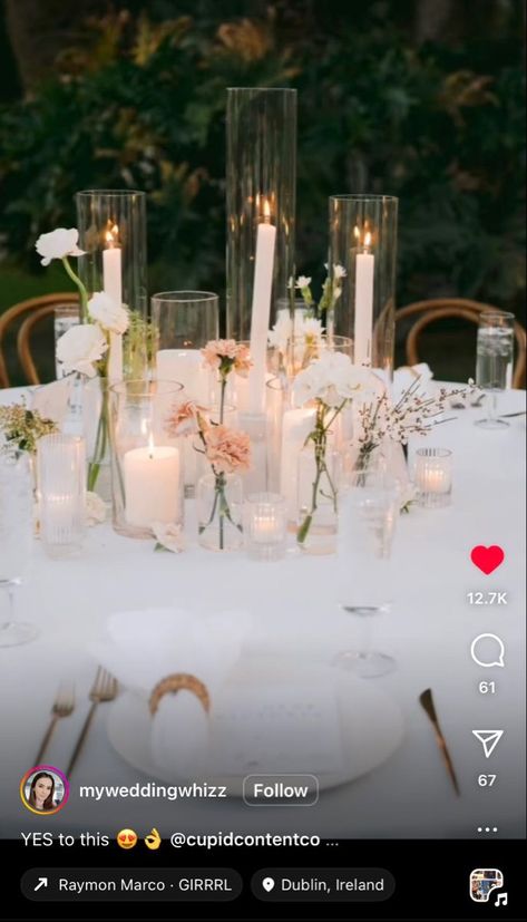 Taper Candle Centerpiece, Vase Candle Centerpiece, Bud Vases Wedding, Taper Candles Wedding, Lots Of Candles, Bud Vase Centerpiece, Candle Table Decorations, Wedding Tableware, Candle Wedding Centerpieces