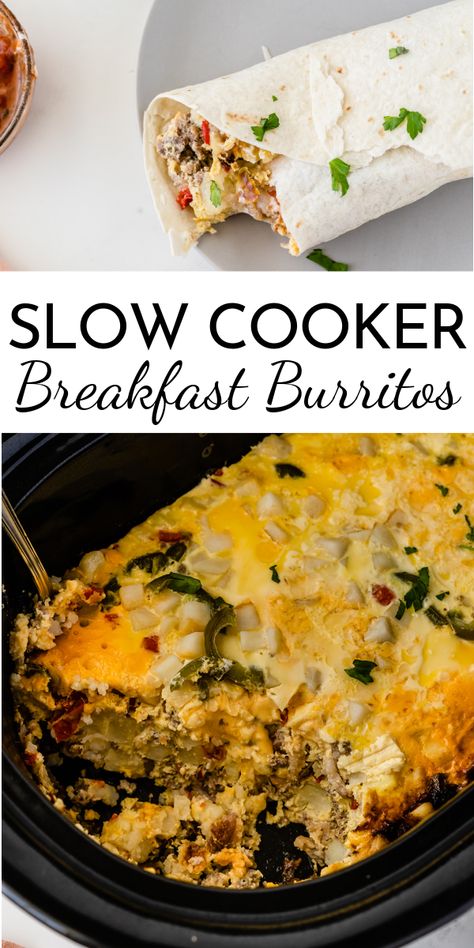 Put a few ingredients in the crock and wake up to hot and ready Slow Cooker Breakfast Burritos! Or cook on high and have breakfast for dinner. via @nmburk Savory Breakfast Crockpot Recipes, Breakfast Tailgate Food, Breakfast Burritos Easy, Breakfast Crockpot, Slow Cooker Breakfast Casserole, Breakfast Crockpot Recipes, Breakfast Burritos Recipe, Slow Cooker Breakfast, Breakfast Casseroles