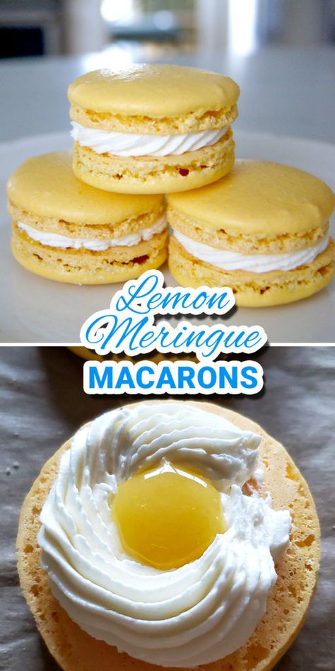 Lemon Meringue Macarons, Softball Macarons, Lemon Macaron Filling, Lemon Meringue Desserts, Macaroon Flavors Recipes, Desserts With Meringue, Fun Macaron Flavors, Macaron Flavors Ideas, Unique Macarons