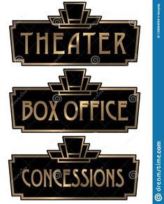 Illustration about Theater Box Office Art Deco Concessions Signs Elegant 1920s 1930s 1940s Gold and Black Isolated. Illustration of playing, entertainment, elegant - 128064594 Ornamental Corner, Deco Cinema, Basement Movie Room, Art Deco Theater, Theatre Sign, Theatre Inspiration, Movie Room Decor, Home Cinema Room, Theatre Design