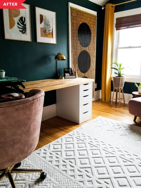 After: home office with dark green walls, IKEA desk, and cream-colored carpet Mid Century Modern Boho Home Office, Home Office Decor Modern, Unique Home Office Design, Painting Office Ideas, Earthy Home Office Ideas, Earth Tone Office Design, Dark Green Office Aesthetic, Earthy Office Design, Earth Tone Office