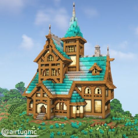 Minecraft Colorful Houses, Minecraft Designs Houses, House With Blue Roof, Big Minecraft Houses, Minecraft Roof, Minecraft Kingdom, Minecraft Blocks, Minecraft Banner Designs, Minecraft Cottage