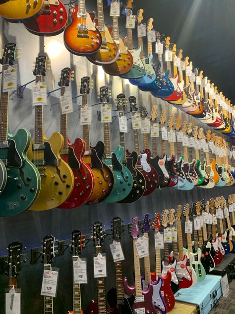 Guitar Collection Aesthetic, Guitar Store Aesthetic, Guitar Pretty, Store Aesthetic, Collection Aesthetic, Future Music, Guitar Store, Dream Future, Aesthetic Color