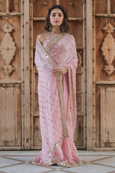 Pink Viscose Embroidery Sequins Saree and Get Bridal Silk Inspirations Sheesha Embroidery, Blush Pink Saree, Ball Inspiration, Sequins Saree, Halter Neck Blouses, Outfits Indian, Beautiful Sarees, Desi Wear, Eternal Beauty