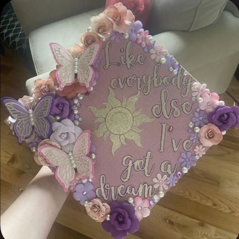 Decorating Your Graduation Cap, Repunzle Graduation Cap, Tangled Inspired Graduation Cap, Tangle Graduation Cap, Cap And Gown Cap Decorations, Graduation Cap Rapunzel, Cap Decoration Graduation Butterfly, Repunzal Graduation Cap, Graduations Caps Ideas