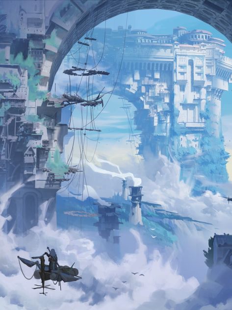 Cloud City Fantasy Art, Steampunk Sky City, Sky City Concept Art, Sky City Fantasy Art, Clouds Artwork, City In The Clouds, Cloud World, City In The Sky, Scifi Environment