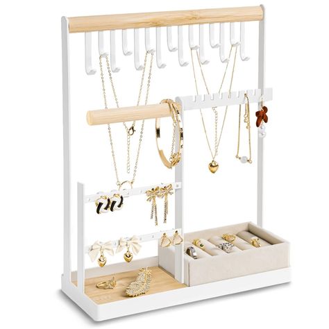 MISS SHARK Jewelry Organizer Include Velvet Ring Case, 4 Tier Jewelry Holder Organizer with 16 Holes for Earring Organizer, Jewelry Stand with 15 Hooks Necklace Organizer and Bracelet Holder, White Product Details Color: White Brand: MISS SHARK MPN: MSJOS001 UPC: Does not apply EAN: Does not apply Color: White Brand: MISS SHARK Material: Wood, Iron Style: Modern Special Feature: Portable, Easy to assemble, Four-Tier Jewelry Tree Stand, Giftable, Space-saving Recommended Uses For Product: Ring Product Dimensions: 8.66"D x 3.95"W x 10.24"H Target Audience: Women Shape: Rectangular Occasion: Mother's Day, Christmas, Birthday, Valentine's Day Color: ‎White Brand: ‎MISS SHARK Material: ‎Wood, Iron Style: ‎Modern Special Feature: ‎Portable, Easy to assemble, Four-Tier Jewelry Tree Stand, Giftabl Jewelry Organizer Aesthetic, Tangled Jewelry, Shark Jewelry, Jewelry Tree Stand, Bday Wish List, Jewelry Organizer Stand, Bracelet Holder, Organization Jewelry, Bracelet Holders