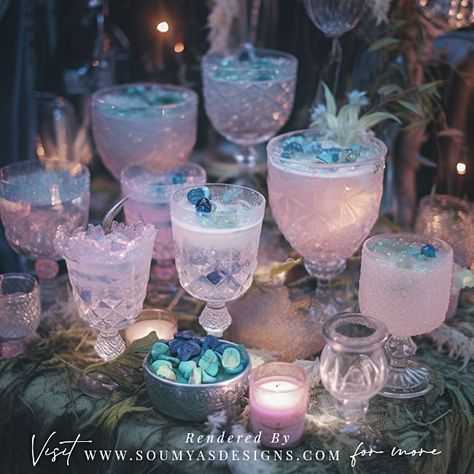 Light Pink and Crystal Blue Drinks 
Visit www.soumyasdesigns.com for the full blog post and theme ideas and moodboards for any party like birthday, wedding, prom, etc. Faerie Themed Party, Magical Bachelorette Party, Enchanted Party Food, Wedding Fairy Theme, Ethereal Aesthetic Party Theme, Quinceanera Drinks, Fairy Themed Drinks, Fantasy Bday Party, Gem Wedding Theme