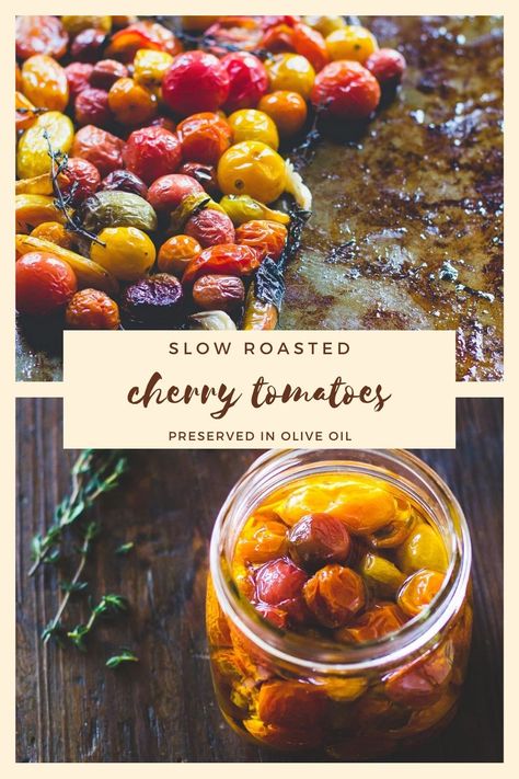 Preserving doesn’t get much easier than this. Slow roasted cherry tomatoes at low heat, with fresh herbs and garlic. Then cover them in olive oil and refrigerate for weeks. Preserving Cherry Tomatoes In Olive Oil, Preserved Cherry Tomatoes, Slow Roasted Cherry Tomatoes, Roasted Cherry Tomatoes And Garlic, Preserve Cherry Tomatoes, Heartbeet Kitchen, Roasted Grape Tomatoes, Preserving Tomatoes, Pasta Bread