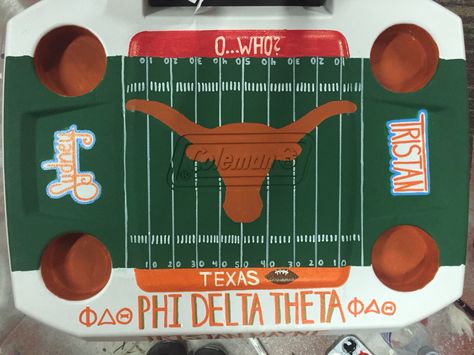 Texas Frat Cooler, Texas Ou Cooler Ideas, Tx Ou Cooler, Texas Ou Cooler, Painted Fraternity Coolers, Red River Rivalry, Painted Coolers, Formal Cooler Ideas, Gameday Fits