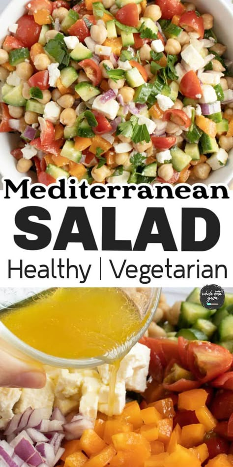 Mediterranean chickpea salad is a refreshing and delicious recipe that's perfect for summer. Tossed in a tangy dressing and will soon be your favorite healthy salad to enjoy as a light lunch or side dish that will absolutely be a Whole Lotta Yum! Salad Recipe With Chickpeas, Healthy Mediterranean Salad, Mediterranean Salad Dressing, Recipe With Chickpeas, Healthy Cold Lunches, Mediterranean Diet Recipes Breakfast, Mediterranean Salads, Mediterranean Salad Recipe, Low Fat Meals