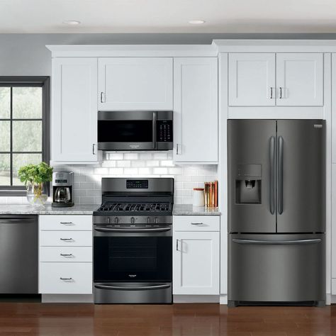 White Cabinets With Black Stainless Appliances, White Kitchen With Black Stainless Appliances, Black Stainless Steel Kitchen Ideas, White Kitchen Cabinets With Black Stainless Steel Appliances, White Kitchen With Black Stainless Steel, White Kitchen Cabinets With Black Appliances, Black Stainless Steel Kitchen Appliances, Kitchen Appliances Black, Stainless Steel Appliances Kitchen