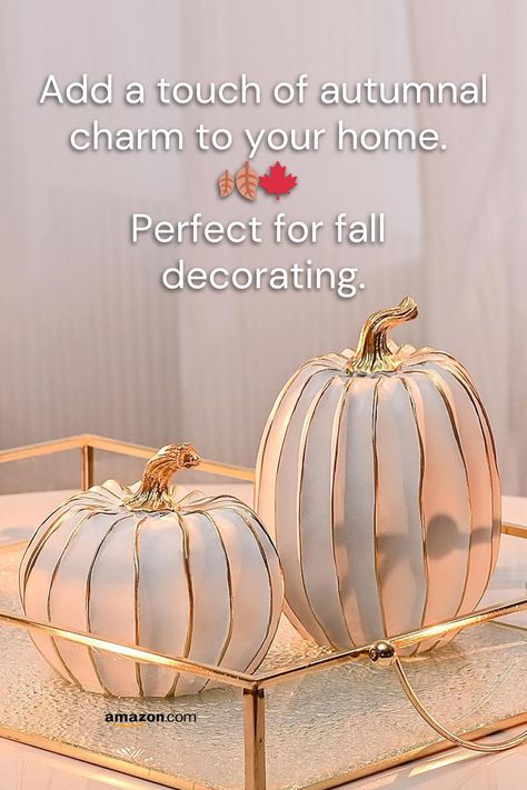 Two resin pumpkin figurines in white and gold, perfect for fall decorating.

 These fall pumpkin figurines are absolutely adorable! They look so realistic and add a beautiful touch to my home. I love the white and gold colors, and they're the perfect size for my mantel. They're also very well-made and durable. Highly recommend! 

#FallDecor #ThanksgivingDecor #HomeDecor #PumpkinDecor #FarmhouseStyle Harvest Table Centerpieces, Fall Decorations For Home, Decor Stand, Fall Pumpkin Decor, Fake Pumpkins, Gold Pumpkins, Harvest Table, Decorations For Home, Amazon Home Decor