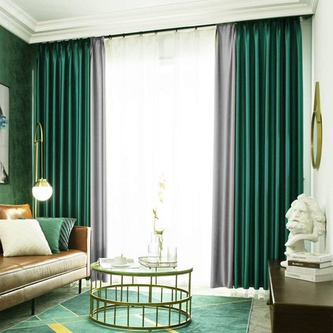 Green Living Room Curtains, Green Curtains Living Room, Emerald Green Curtains, Emerald Green Living Room, Pinch Pleat Drapes, Dark Green Rooms, Big Bedroom, Bedroom Curtain Ideas, Green Drapes