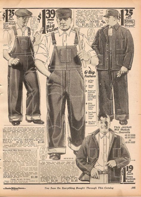 Working class style that was typically a dark color, such as navy, to disguise any stains Workers Outfit Men, Overalls As Pants, Mens Vintage Workwear, 1920s Mens Clothing Casual, History Of Denim, Workwear Outfit Men, Painting Overalls, 1920 Men, Utility Wear