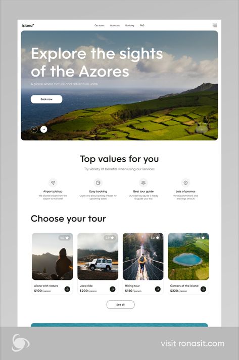 Hi everyone! We are thrilled to present the design of our new landing page for an app that allows users to book tours to the Azores Islands. 

The landing page for this travel app consists of several sections: the main block describing the service, a section highlighting the advantages, a tour selection block, a travel blog, and a section for purchasing tours. Website For Projects, Tour Guide Website Design, Travel Web Site Design, Simple Web Design Inspiration, Website Block Design, News Landing Page, Travel Web Design Inspiration, Travel Websites Design, Destination Website Design