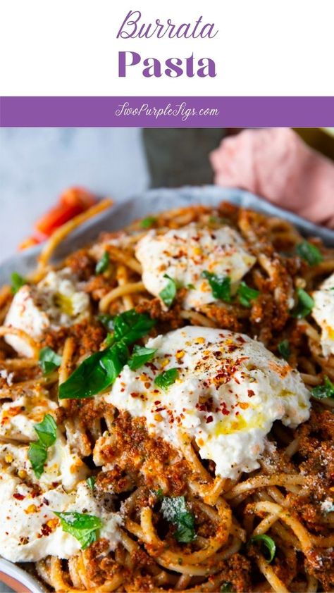 Burrata Pasta in a bowl. Pasta Burrata, Pasta With Burrata, Tomato Pesto Pasta, Burrata Pasta, Sun Dried Tomato Pesto, Low Calorie Pasta, Pasta Toppings, Burrata Recipe, Cheese Pasta Recipes