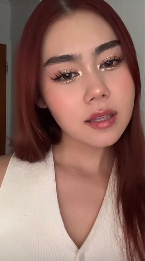 Prom Makeup For Asian Eyes, Occasional Makeup, Asian Prom Makeup, Cutesy Makeup, Brown Eyeliner Asian Eyes, Erika Makeup, Erika Titus Nails, Erika Titus Makeup, Brown Chinese Makeup