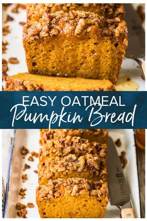 This oatmeal pumpkin bread is the things that fall dreams are made of. Easy and simple to make this sweet bread is spiced and topped with pecans and finished with a delicious apple cider sauce. Pumpkin Bread With Oatmeal, Pumpkin Oatmeal Bread Recipes, Pumpkin Bread Oatmeal, Oatmeal Bread Recipes, Oatmeal Breakfast Bread, Cider Bread, Pumpkin Oatmeal Bread, Oatmeal Pumpkin Bread, Pumpkin Oatmeal Cake