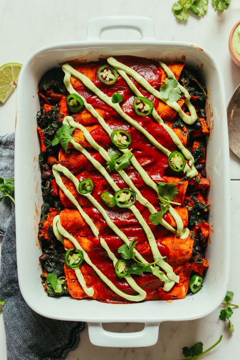 Sweet Potato Black Bean Enchiladas, Sweet Potato Black Bean, Vegan Enchiladas, Black Bean Enchiladas, Bean Enchiladas, Sweet Potato Black Beans, Minimalist Baker, Freezer Meal, Enchilada Sauce