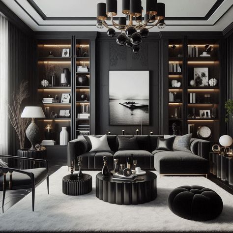 Luxury Black and White Living Room Masculine Modern Living Room, Living Room Monochrome, Black Gloss Furniture, Black And White Living Room Ideas, Modern Living Room Black, White Living Room Ideas, Dark Deco, Sleek Coffee Table, Simone Ashley