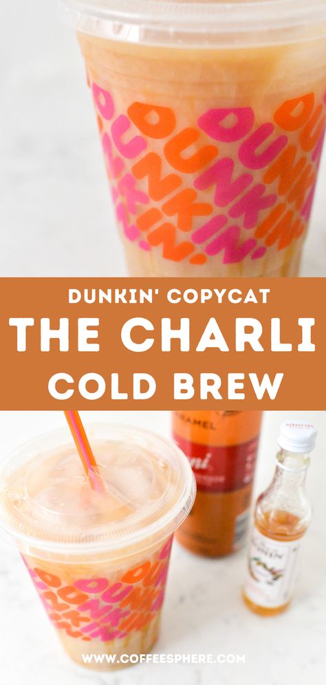 Charli Cold Brew in a Dunkin cup The Charlie Drink Dunkin, Dunkin Coffee At Home, Dunkin Cold Brew Recipe, Dunkin Iced Coffee At Home, Dunkin Cold Brew, Dunkin Donuts Iced Coffee Recipe, Easy Coffee Drinks Recipes, Dunkin Iced Coffee, Dunkin Coffee