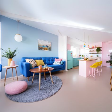 Colorful Minimalist Home Living Room, Pastel Interior Design, Pastel Living Room, Modern Restaurant Design, Deco Living Room, Pastel Interior, Cute Furniture, Living Room Design Inspiration, Colourful Living Room